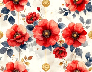 Watercolor floral pattern featuring vibrant red poppies and gold accents