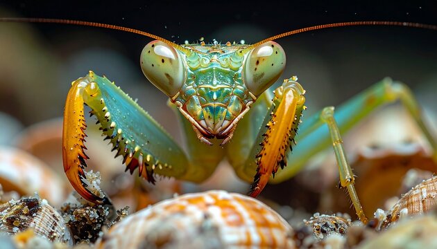 Close-up of a colorful praying mantis with intricate details and vibrant hues.