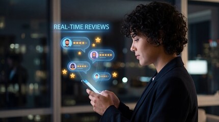 Businessman reading real-time customer reviews on smartphone at night