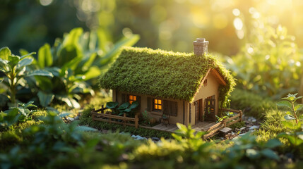 Eco-Friendly Mini House with Green Roof Surrounded by Lush Plants and Sunlight