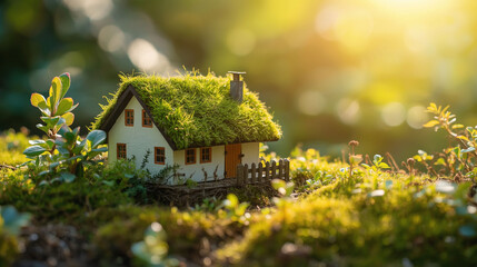 Eco-Friendly Mini House with Green Roof Surrounded by Lush Plants and Sunlight