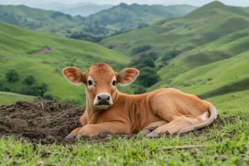 A captivating image of a calf resting comfortably on its mothera??s side, with lush green hills in the background, embodying peace and harmony.