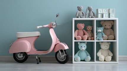 Pink scooter and stuffed animals displayed on a shelf.