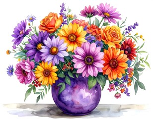 Watercolor bouquet of vibrant, diverse flowers in a purple vase (1)