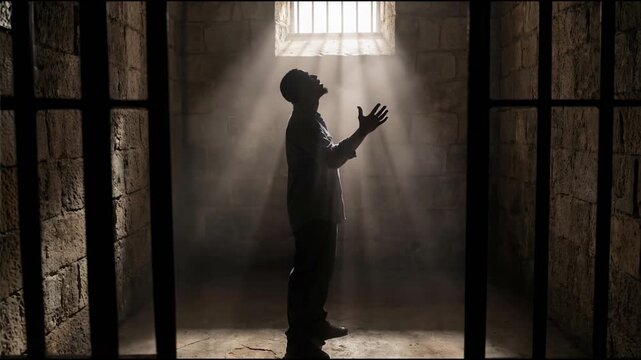 Silas sings in prison with light from above biblical scene