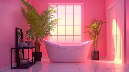 Modern bathroom with bathtub and plants bathed in soft pink light.