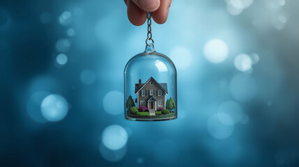 Miniature House in Glass Capsule Symbolizing Home Security and Real Estate Protection