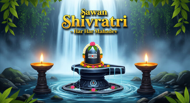 A captivating sawan shivratri scene featuring a shiva lingam bathed in light against a backdrop of cascading waterfalls, symbolizing purity and divine grace in natures embrace