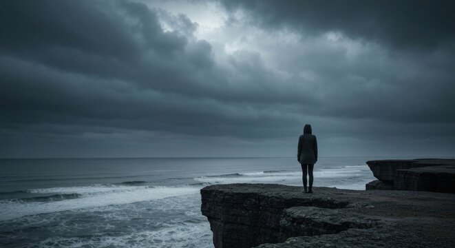 Solitary figure on a cliff overlooking a stormy sea under a dark, brooding sky - Powered by Adobe