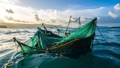 Abandoned Fishing Boat Submerged in Ocean Waters with Green Netting.
