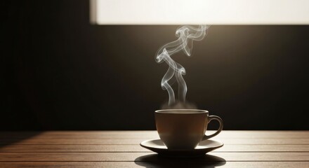 Steaming cup of coffee on a wooden table, backlit by a bright window