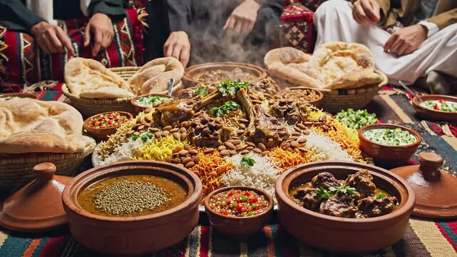 Abundance of traditional dishes displayed with assorted garnish and bread