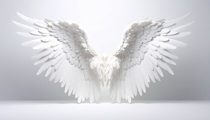 Fototapeta premium Large symmetrical white wings spread open on light gray background, detailed feathers, elegant and ethereal.