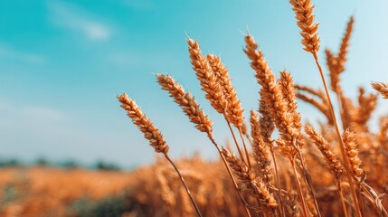 Ripe wheat stalks sway gently in the clear blue sky.