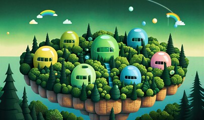 A floating island covered in lush greenery and futuristic dome-shaped buildings, surrounded by clouds and trees under a clear sky.