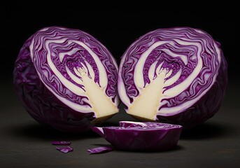 Obraz premium Freshly cut red cabbage halves with purple leaves and white veins on dark surface