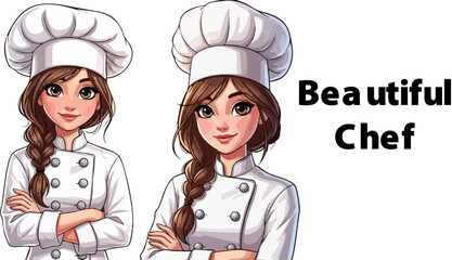Two cheerful female pastry chefs wearing traditional white uniforms and hats