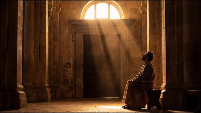 Solomon sits in contemplation beneath temple light