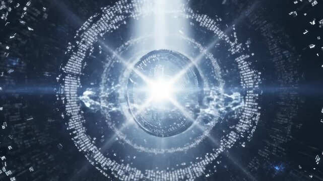 Bitcoin Logo Assembling in Digital Data Stream Abstract Technology