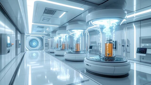 A futuristic lab features cylindrical tanks emitting light, set in a sterile, white, modern hallway