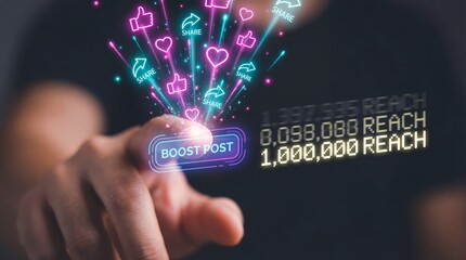 Person boosting social media post with increased reach and engagement metrics