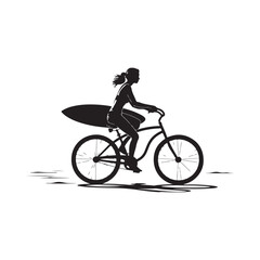 Obraz premium Silhouette of a woman riding a bicycle with a surfboard