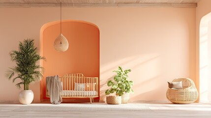 Bright, warm nursery with a crib, plants, and woven decor.