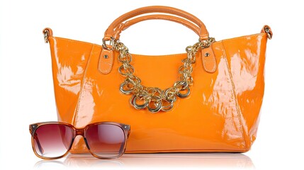 Bright orange patent handbag with a gold chain accent rests beside stylish sunglasses on a white background.