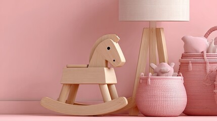 Wooden rocking horse and stuffed toys in pink nursery baskets.
