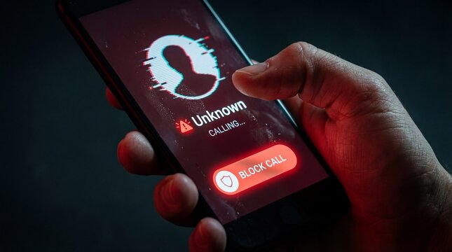 Hand holding smartphone with unknown caller ID on screen at night
