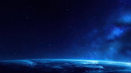 Distant celestial bodies illuminate the curve of the planet's horizon