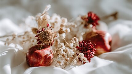 Red apples and dried flowers rest on a soft white fabric.