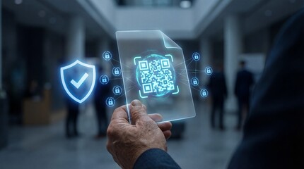 Secure digital file with QR code and shield icon for authentication
