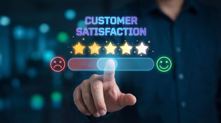 Customer satisfaction rating concept with finger pointing to five stars