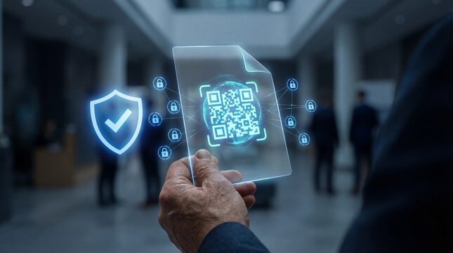 Secure digital file with QR code and shield icon for authentication - Powered by Adobe