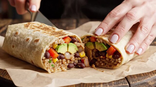 Close up of a hand cutting a freshly prepared burrito with filling