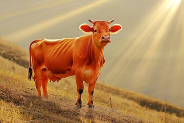 A captivating tangerine cow standing proudly on a sloping hill, surrounded by golden rays of sunlight, creating a vibrant and warmth-filled rural tableau.