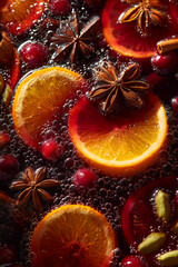 Mulled wine. The rich, red liquid with slices or whole oranges and cranberries floating within it. The background is filled with spiced sticks like star anise 