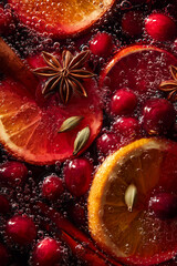 Mulled wine. The rich, red liquid with slices or whole oranges and cranberries floating within it. The background is filled with spiced sticks like star anise 