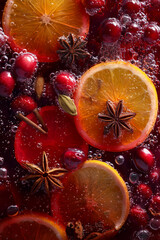 Mulled wine. The rich, red liquid with slices or whole oranges and cranberries floating within it. The background is filled with spiced sticks like star anise 