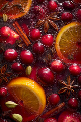 Mulled wine. The rich, red liquid with slices or whole oranges and cranberries floating within it. The background is filled with spiced sticks like star anise 