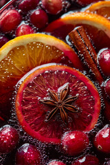 Mulled wine. The rich, red liquid with slices or whole oranges and cranberries floating within it. The background is filled with spiced sticks like star anise 