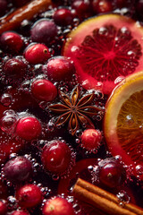 Mulled wine. The rich, red liquid with slices or whole oranges and cranberries floating within it. The background is filled with spiced sticks like star anise 