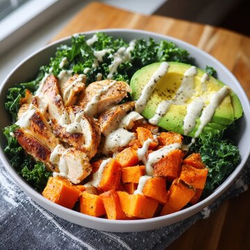 Vibrant Grilled Chicken, Sweet Potato, and Avocado Power Bowl with Creamy Dressing.