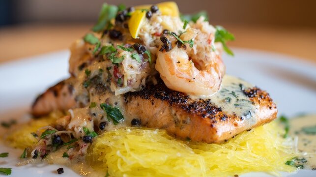 Blackened salmon fillet topped with shrimp and lump crab meat, finished with lemon butter sauce and served with spaghetti squash, elegant restaurant style seafood dinner, gourmet cuisine concept