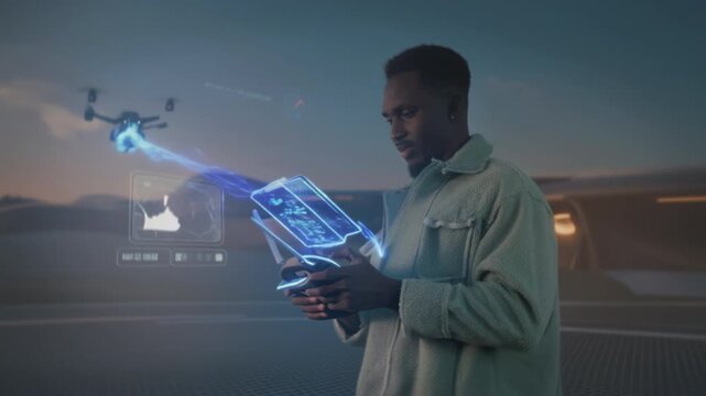 Drone operator at dusk, Individual operating hightech drone hologram interface from rooftop as night falls