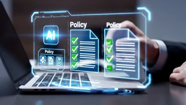 Businessman interacting with an AI system on a laptop for automated policy management. Focus on enhancing regulatory compliance, operational efficiency, and corporate governance through artificial...