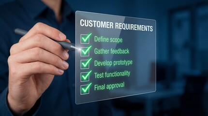 Businessman checking customer requirements on transparent screen