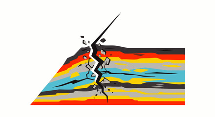 Fototapeta na wymiar An illustrative depiction of a severe geological fracture cutting through colorful stratified earth layers, symbolizing natural disasters and environmental impact.