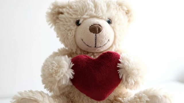 Cute beige teddy bear holding a red heart on white background - Valentine's Day